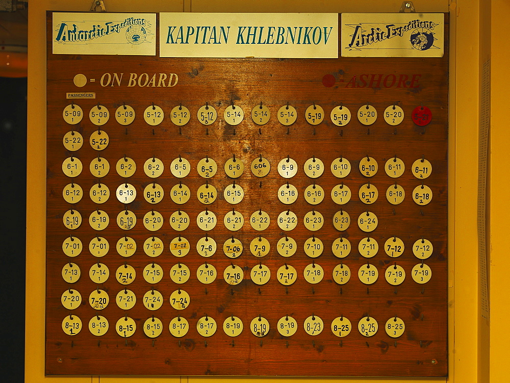 Passengers' Tags showing their presence or absence from the ship, Captain Khlebnikow Icebreaker, Antartic