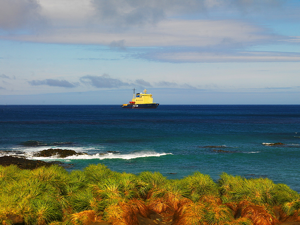 Icebreaker Captain Khlebnikov in front of Macquarie Island, Australian Antarctic