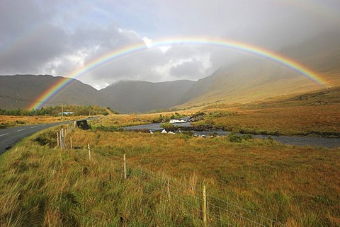 Rainbow over country-road at Delphi , Connemara , Connacht , Ireland , Europe