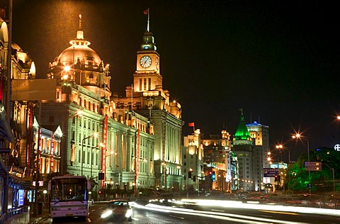 Illuminated buildings, the Bund, Huangpu River, Shanghai, China, Asia