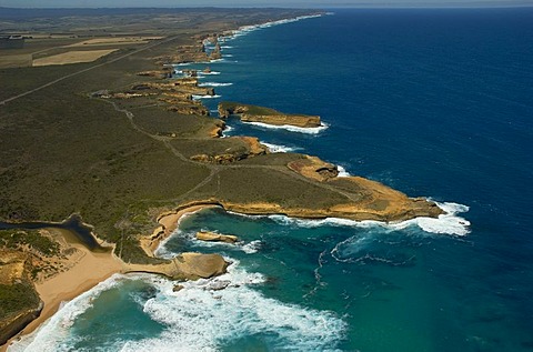 Great Ocean Road, helicopter flight over the cliffs and coastal landscape next to the Twelve Apostles, Southern Ocean, Victoria, Australia