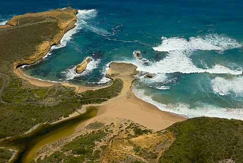 Great Ocean Road, helicopter flight over the cliffs and coastal landscape next to the Twelve Apostles, Southern Ocean, Victoria, Australia