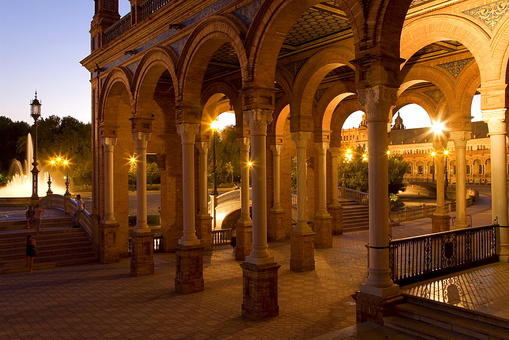 Plaza de Espana with its semi-circular square at dusk, Seville, Andalusia, Spain, Europe