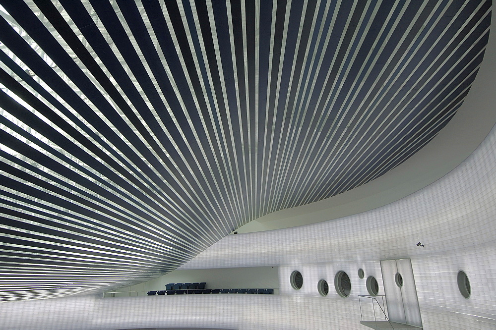 Ceiling out of wooden and plexiglass pieces in the Congress palace Manuel Rojas built by Spanish architects Jose Selgas and Lucia Cano. The inner cube of the building is made of plexiglass pipes. Badajoz, Extremadura, Spain.