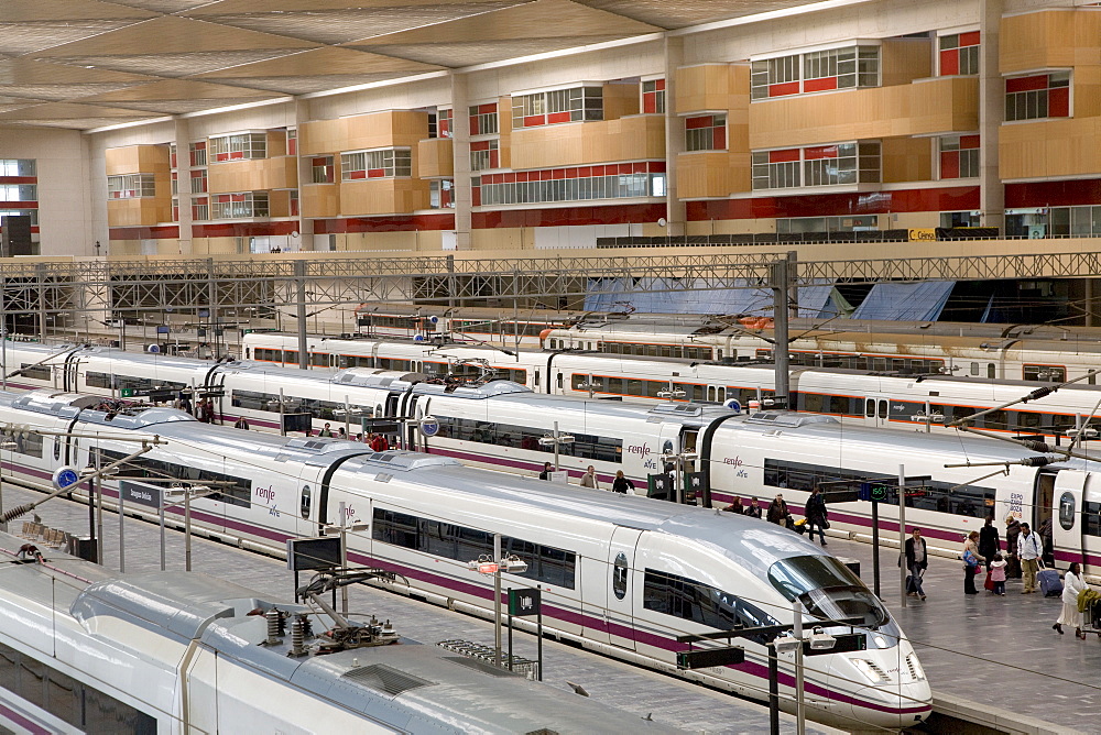 AVE high-speed bullet trains waiting at the platforms of the Estacion de Delicias train station in Saragossa or Zaragoza, Aragon, Spain, Europe