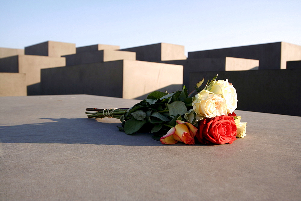 Bunch of roses on one of the concrete blocks of the Holocaust Memorial in Berlin, Germany, Europe