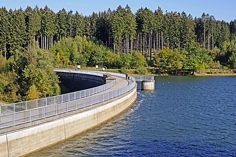 Dam with Bruchertalsperre Reservoir, Marienheide, Bergisches Land, North Rhine-Westphalia, Germany, Europe, PublicGround