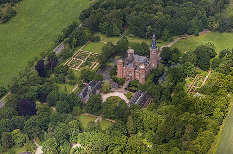 Aerial view, Schloss Moyland Caslte, neo-Gothic style, Bedburg-Hau, Lower Rhine region, North Rhine-Westphalia, Germany, Europe