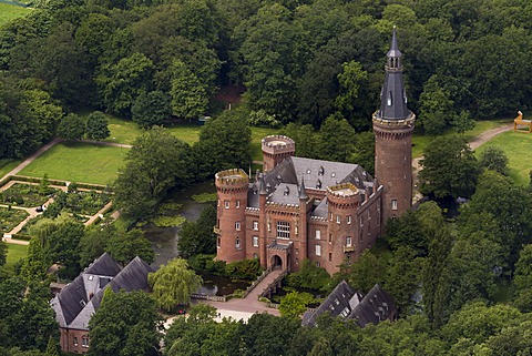 Aerial view, Moyland Castle, a neo-Gothic style moated castle, Bedburg-Hau, Lower Rhine region, North Rhine-Westphalia, Germany, Europe