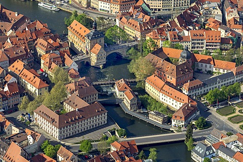 Aerial view, old town hall, Main river, Bamberg, Upper Franconia, Bavaria, Germany, Europe