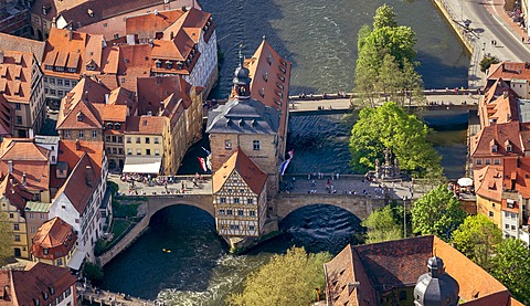 Aerial view, old town hall, Main river, Bamberg, Upper Franconia, Bavaria, Germany, Europe