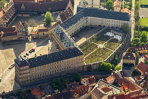 Aerial view, rose garden of Neue Residenz castle, Bamberg, Upper Franconia, Bavaria, Germany, Europe