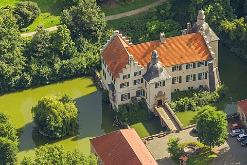 Aerial view, Haus Dellwig mansion, a local museum, moated castle, Dortmund, Ruhr area, North Rhine-Westphalia, Germany, Europe