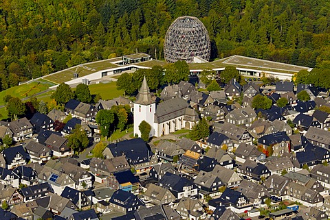 Aerial view, the tourist information centre and the Oversum Vital Resort, Winterberg, Sauerland region, North Rhine-Westphalia, Germany, Europe