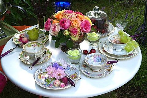 Decorated table with porcelain dishes and historic roses rosa