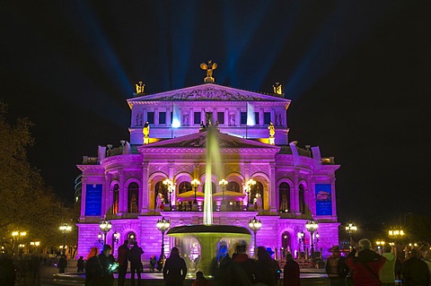 Alte Oper, Old Opera House, with Lucae Fountain, front view, brightly lit, during the Luminale 2012, Frankfurt am Main, Hesse, Germany, Europe, PublicGround