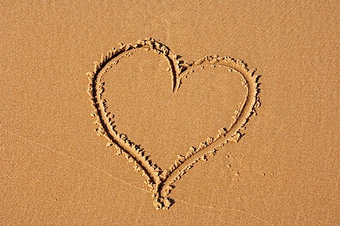 Heart drawn in sand on the beach, Castricum aan Zee, North Holland, Netherlands, Europe