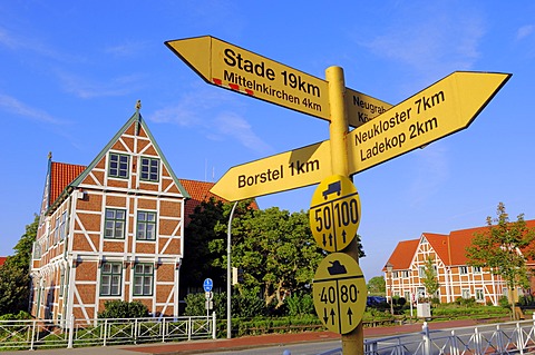 Signpost in front of the town hall in Jork, Altes Land region, Lower Saxony, Germany, Europe