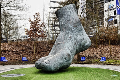 Monument, foot of football legend Uwe Seeler by Brigitte Schmitges, Imtech Arena stadium in Hamburg, Germany, Europe