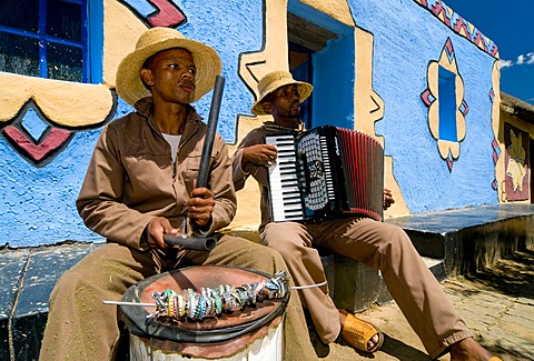 Traditional musicians playing an accordion and a drum, Basotho Cultural Village, Golden Gate National Park, Free State, South Africa, Africa