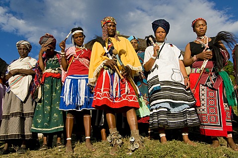 Traditionally dressed Xhosa people, during the Sangoma or Witchdoctor Festival, Wild Coast, Eastern Cape, South Africa, Africa