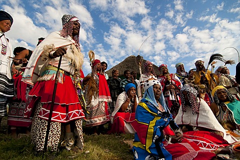 Traditionally dressed Xhosa people, during the Sangoma or Witchdoctor Festival, Wild Coast, Eastern Cape, South Africa, Africa