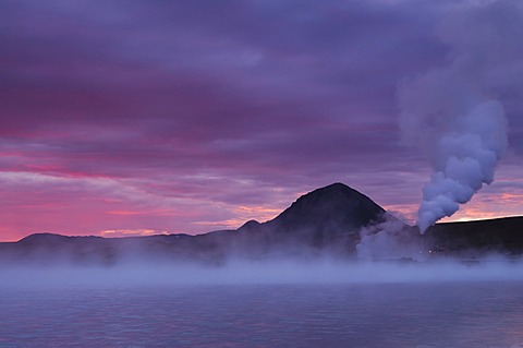 Geothermal plant near MâˆšÎ©vatn at sunset, Norâˆšâˆžurland eystra, Nordurland, Northeast Iceland, Iceland, Europe