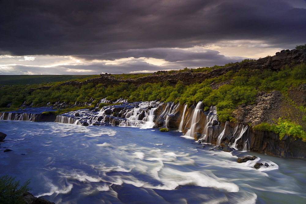 Hraunfossar waterfalls on Hvita river, Vesturland, western Iceland, Iceland, Europe