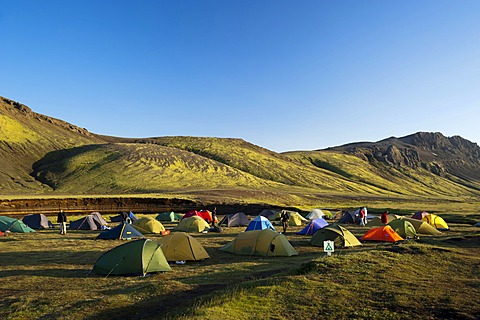 Alftavatn campground, mountains covered with moss on the Laugavegur hiking trail, Hrafntinnusker-Alftavatn, Myrdalsjoekull glacier at the back, Fjallabak Nature Reserve, Highlands of Iceland, Iceland, Europe