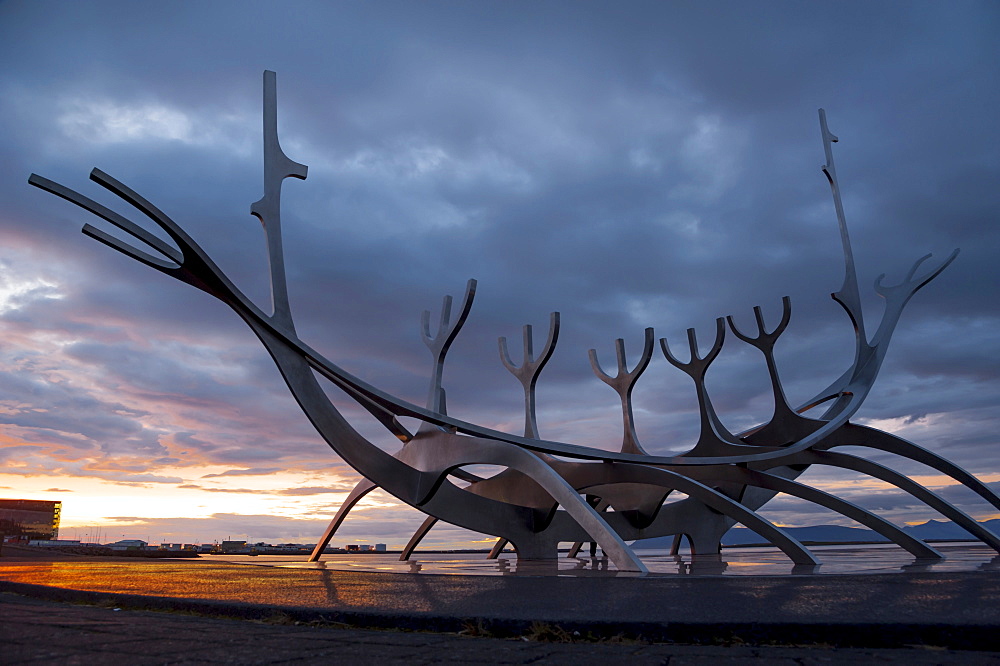 Viking ship sculpture, memorial to Solfar, the Sun Voyager, Reykjavik, Iceland, Europe