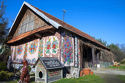 Traditional old wooden farm painted with colorful flowers, village Zalipie, near Tarnow, Lesser Poland, Poland, Europe