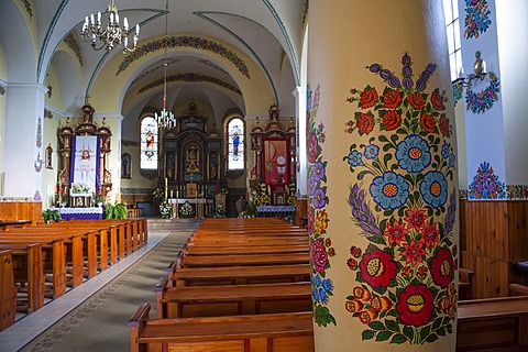 Traditional floral paintings on walls and pillar, church, village Zalipie, near Tarnow, Lesser Poland, Poland, Europe