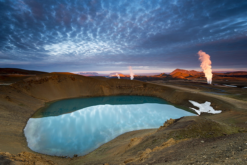 Krafla volcano on lake Viti, steam from a geothermal power plant, Myvatn area, Nordurland eystra, north-east region, Iceland, Europe