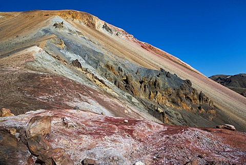 Mineral field, iron deposits, Brennisteinsalda volcano with the Laugahraun lava field, rhyolite mountains, Landmannalaugar, Fjallabak Nature Reserve, Highlands, Iceland, Europe