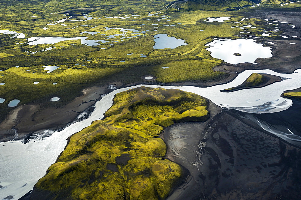 Aerial view, glacial river of Skafta, moss-covered mountains, Langisjor region, Icelandic Highlands, Iceland, Europe