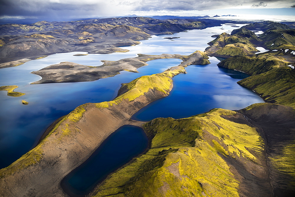 Aerial view, Lake Langisjor, moss-covered mountains, Icelandic Highlands, Iceland, Europe