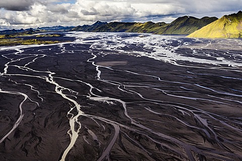 Aerial view, moss-covered mountains and the black sand of MâˆšÂ¶lifellssandur Desert, Icelandic Highlands, Iceland, Europe