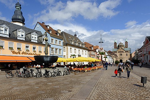 Speyer Cathedral, UNESCO World Heritage Site, with Maximilianstrasse, main street, Speyer, Rhineland-Palatinate, Germany, Europe