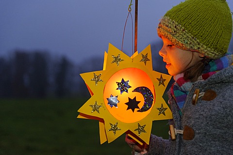 Girl with a lantern at a St. Martin's parade, lantern procession, St. Martin's Day, Pfaffenwinkel, Bavaria, Germany, Europe