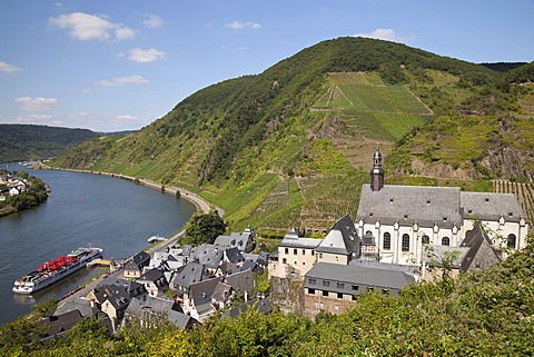 View of Beilstein and the Carmelite church in the Mosellele Valley as seen from Metternich castle, Moselle river, Rhineland-Palatinate, Germany, Europe