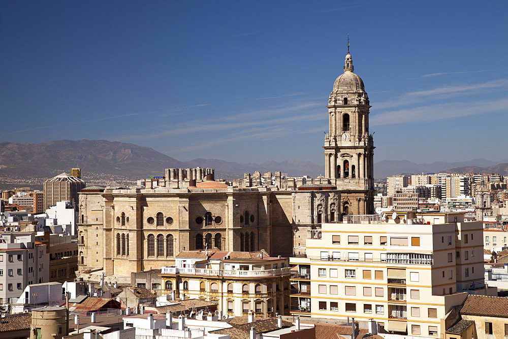 View from Alcazaba Fortress towards the historic city centre and Catedral de la Encarnacion, Malaga Cathedral, Malaga, Andalucia, Spain, Europe