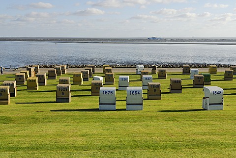 Roofed wicker beach chairs standing on a lawn, beach, Buesum, district of Dithmarschen, Schleswig-Holstein, North Sea, Wadden Sea, Germany, Europe, PublicGround