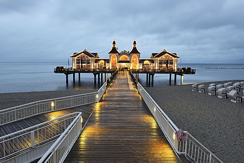 Illuminated pier, Baltic Sea resort town of Sellin, Baltic Seaside Resort Sellin, RâˆšÂºgen, Mecklenburg-Western Pomerania, Germany