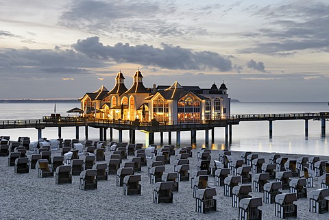 Illuminated pier, Baltic Sea resort town of Sellin, Ruegen Island, Mecklenburg-Western Pomerania, Germany, Europe