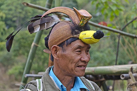 Father of the bridegroom with his traditional decoration at his son's wedding ceremony in Peni village, Arunachal Pradesh, India, Asia