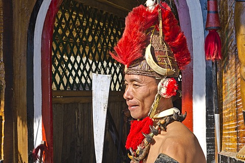 Phom warrior in full gear at the annual Hornbill Festival in Kohima, India, Asia