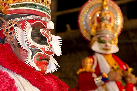The Kathakali character Bali on stage with Ravana, Perattil, Kerala, India, Asia