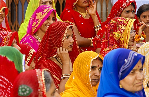 Gathering of Rhajasthani women wearing colourful saris, Udaipur, Rajasthan, India, Asia