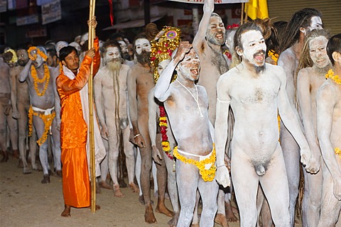 Naked participants in the archaic Shivratri procession, Varanasi, Uttar Pradesh, India, Asia