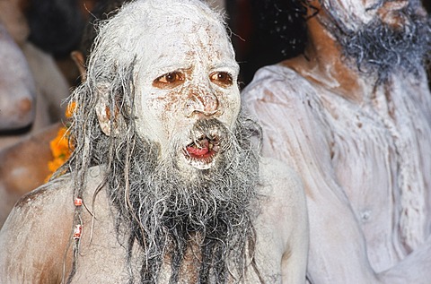 Ash-smeared face of a Shiva sadhu, Varanasi, Uttar Pradesh, India, Asia